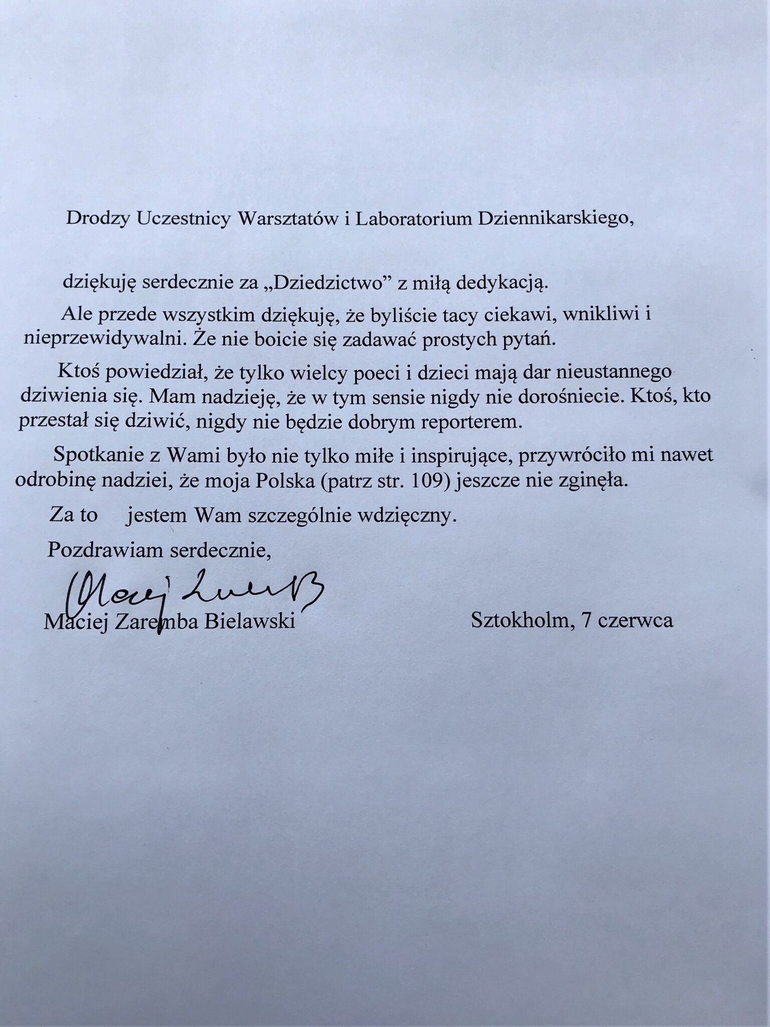 List od Autora do Młodzieży uczestniczącej w spotkaniu